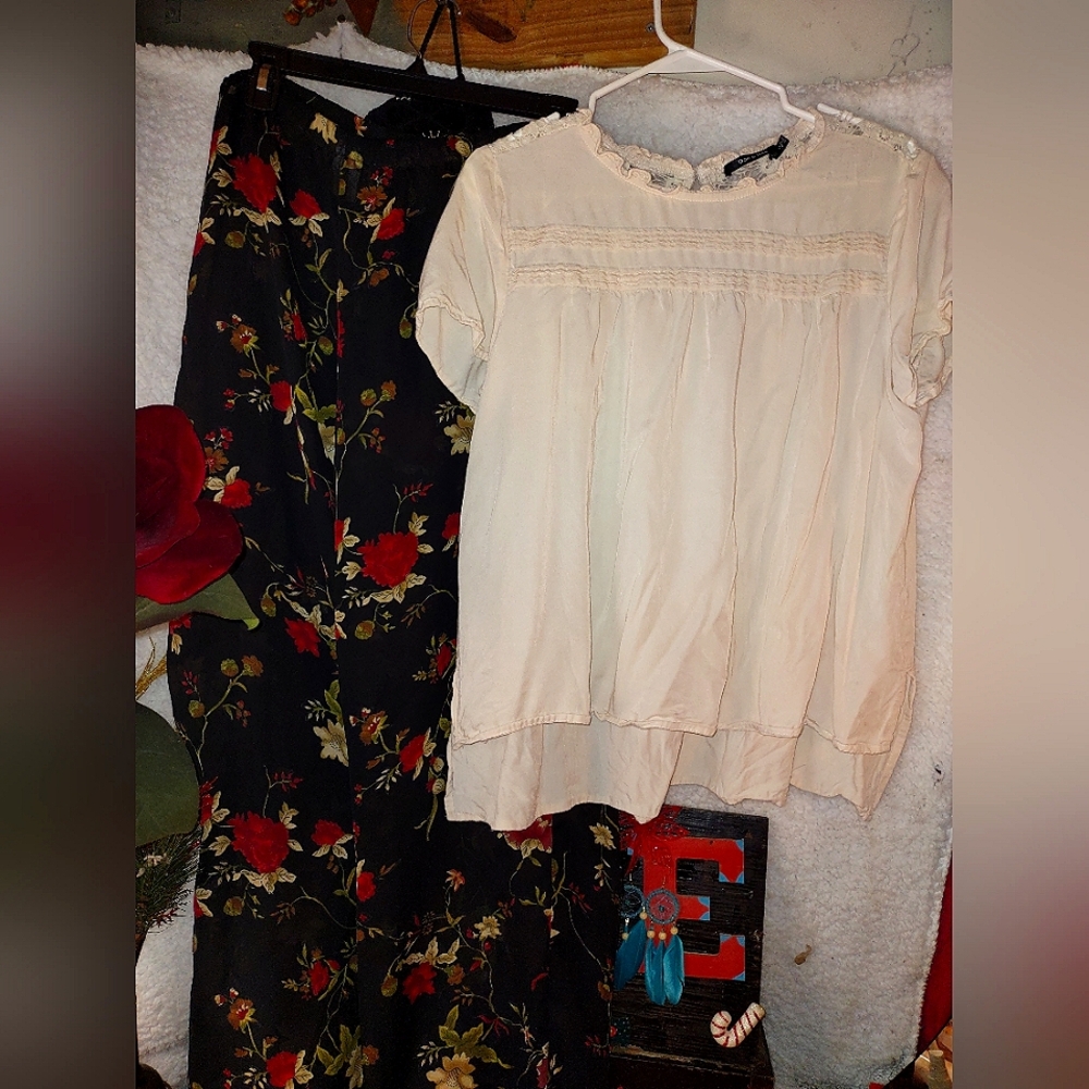 Floral Black and Red Pants with Cream Blouse